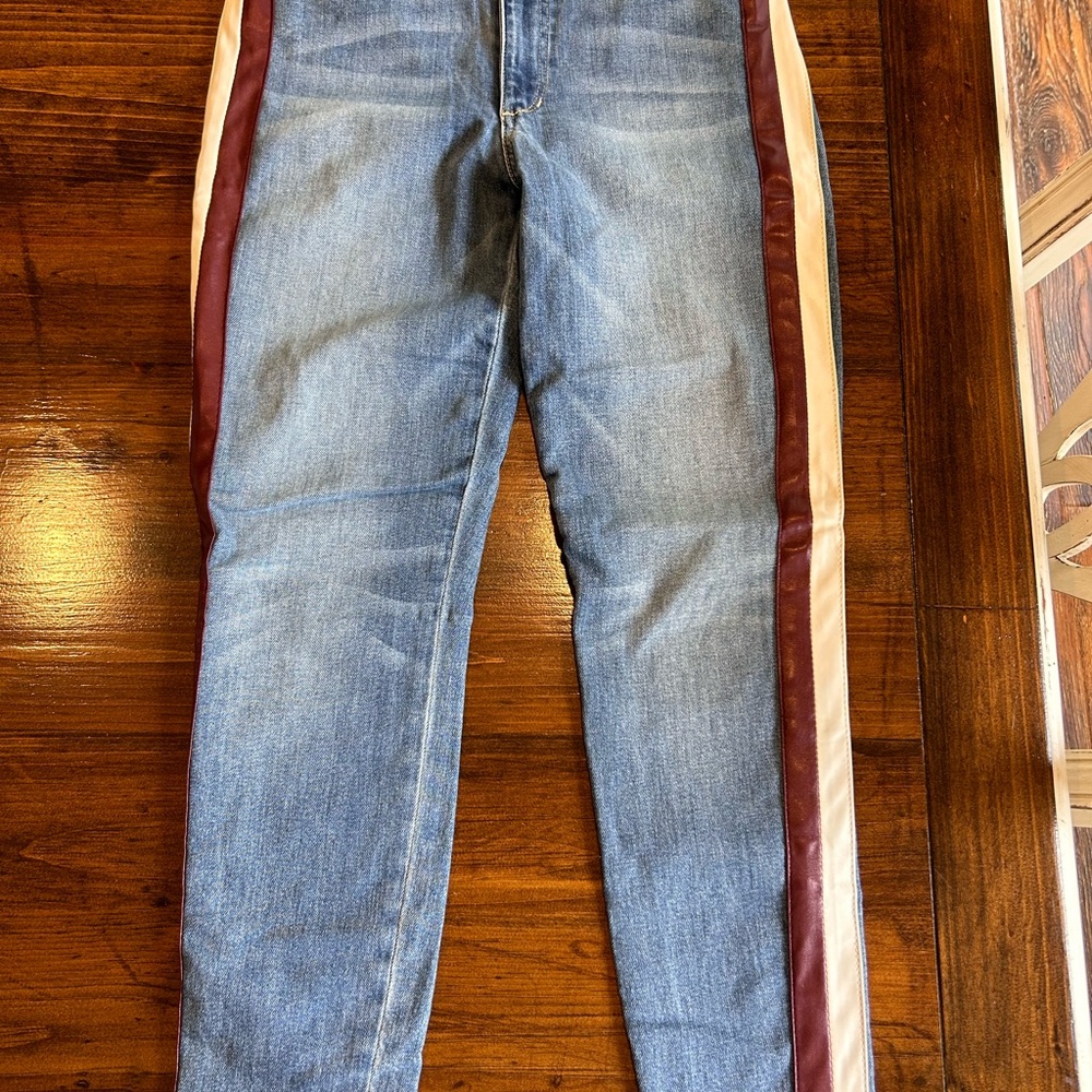Blue Jeans with Burgundy and White Stripes
